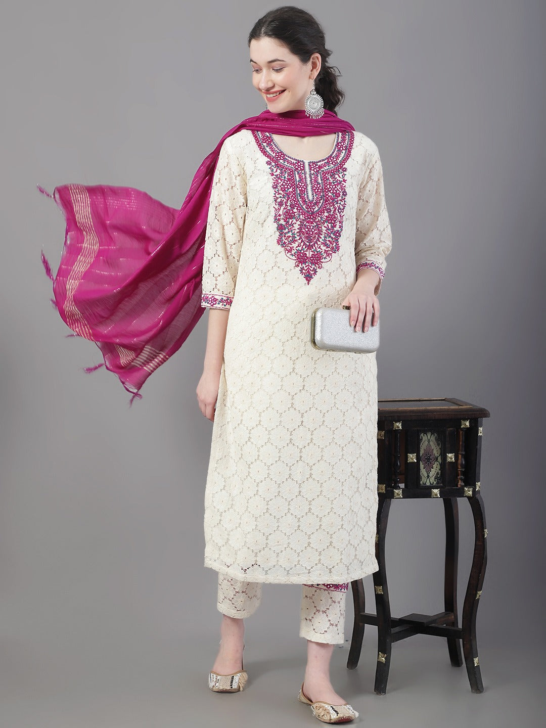 Women's Embroidered Thread Work Pure Cotton Kurta With Trousers & With Dupatta - Noz2Toz