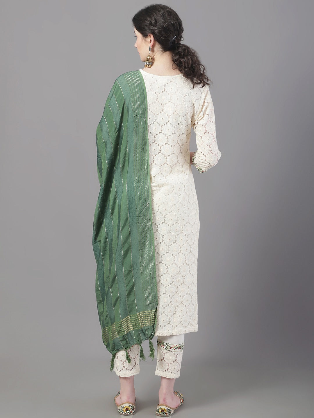 Women's Floral Embroidered Mirror Work Pure Cotton Kurta With Trousers & Dupatta - Noz2Toz