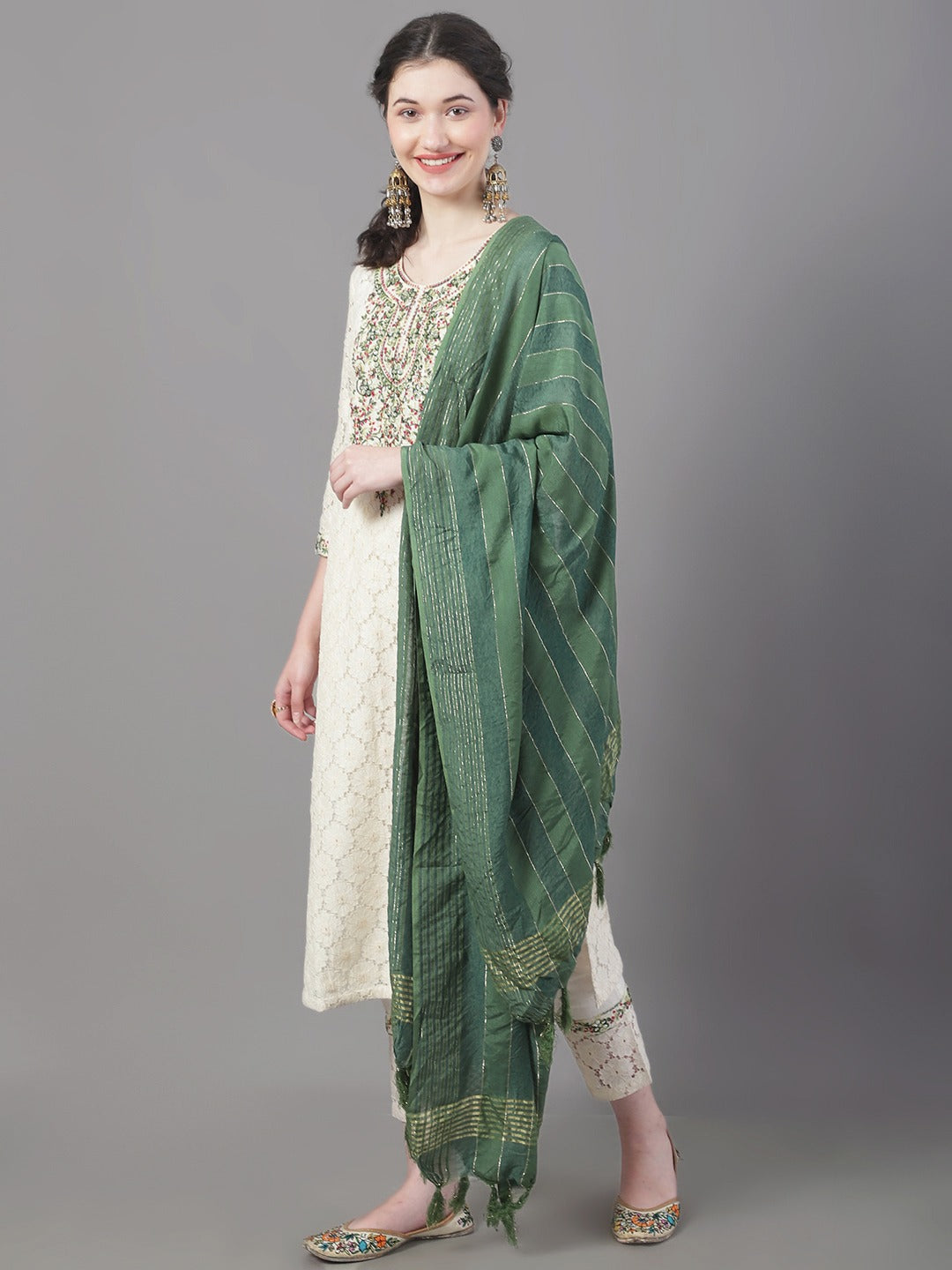 Women's Floral Embroidered Mirror Work Pure Cotton Kurta With Trousers & Dupatta - Noz2Toz