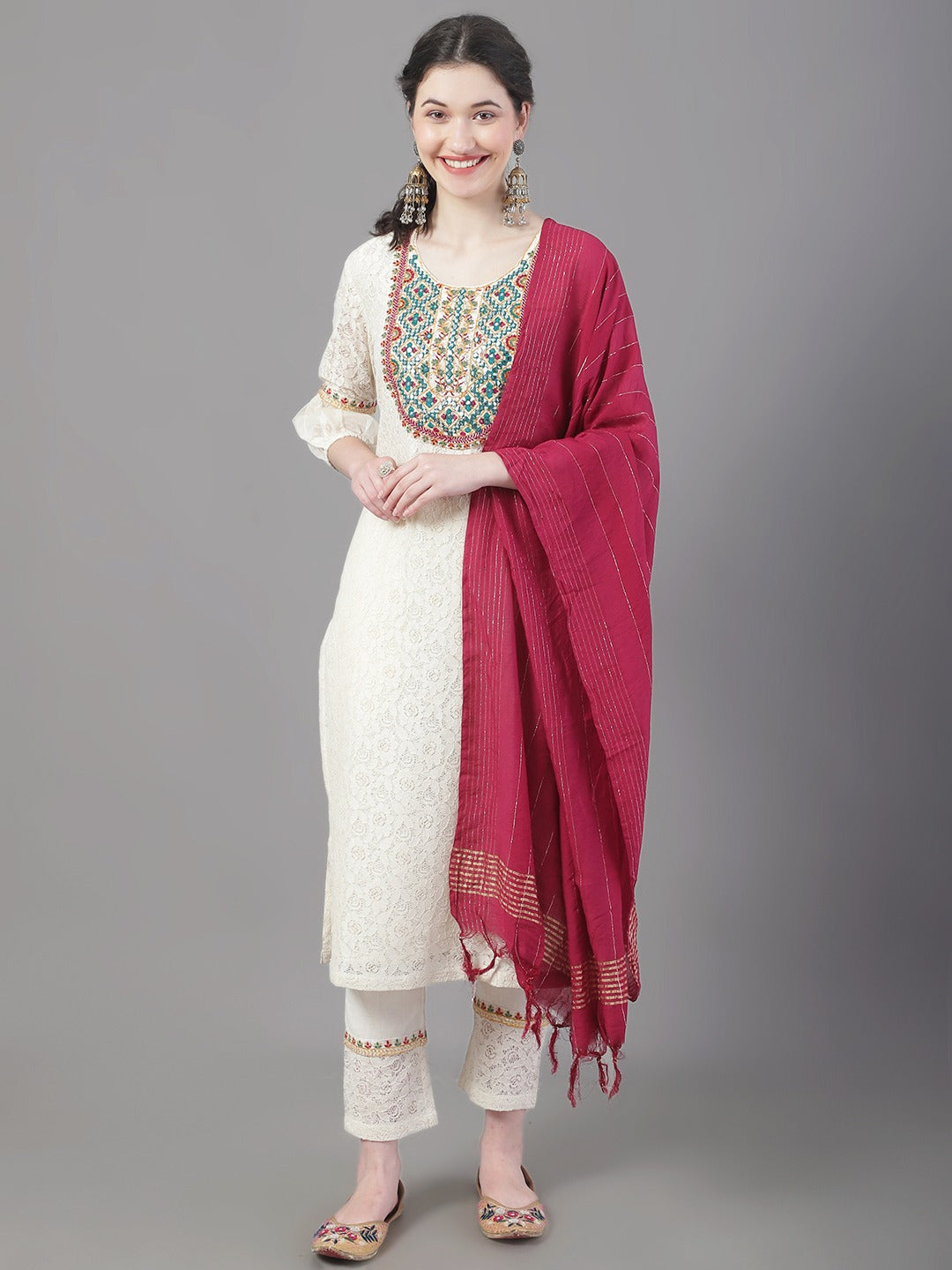 Women's Ethnic Motifs Yoke Design Thread Work Pure Cotton Kurta With Trousers & Dupatta - Noz2Toz