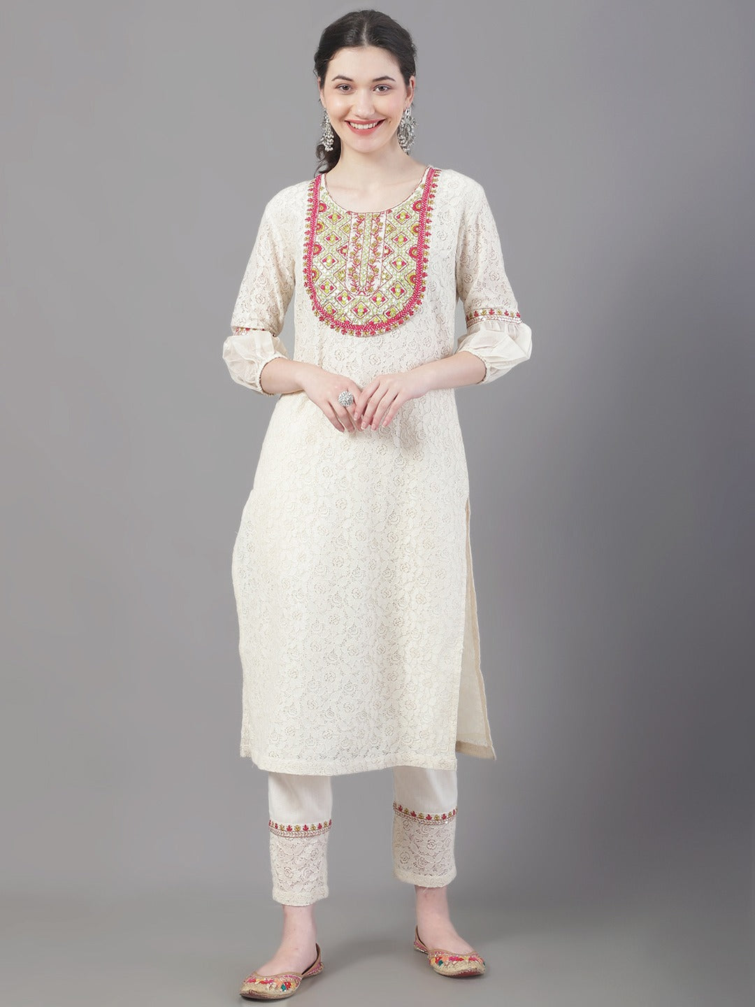 Women's Embroidered Pure Cotton Kurta With Trousers & Dupatta - Noz2Toz