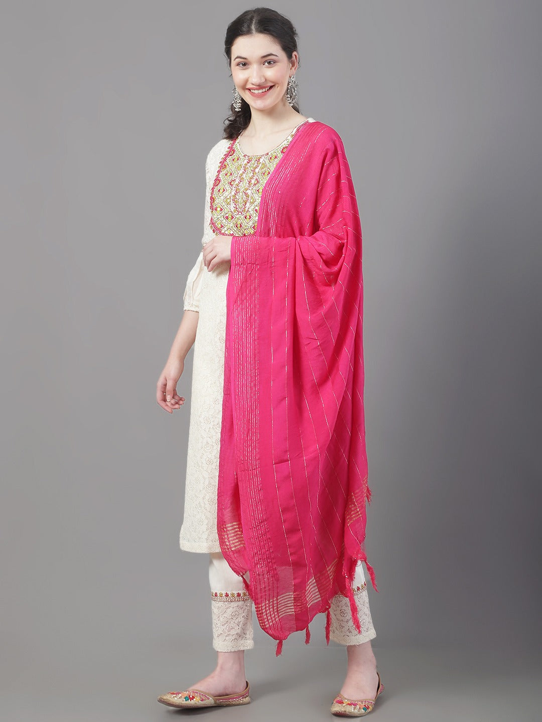 Women's Embroidered Pure Cotton Kurta With Trousers & Dupatta - Noz2Toz