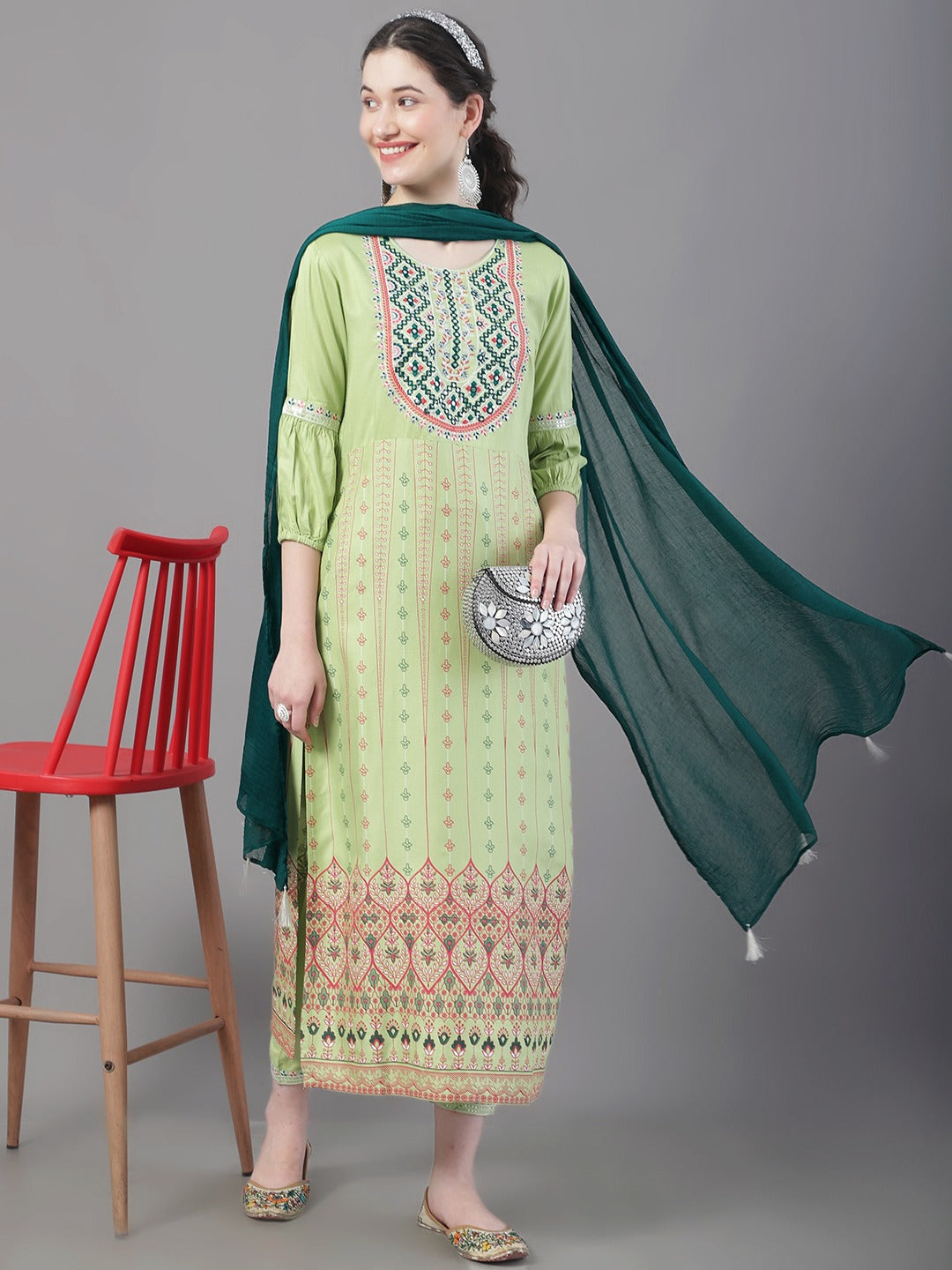 Women's Floral Printed Embroidered Straight Kurta With Trousers & Dupatta - Noz2Toz