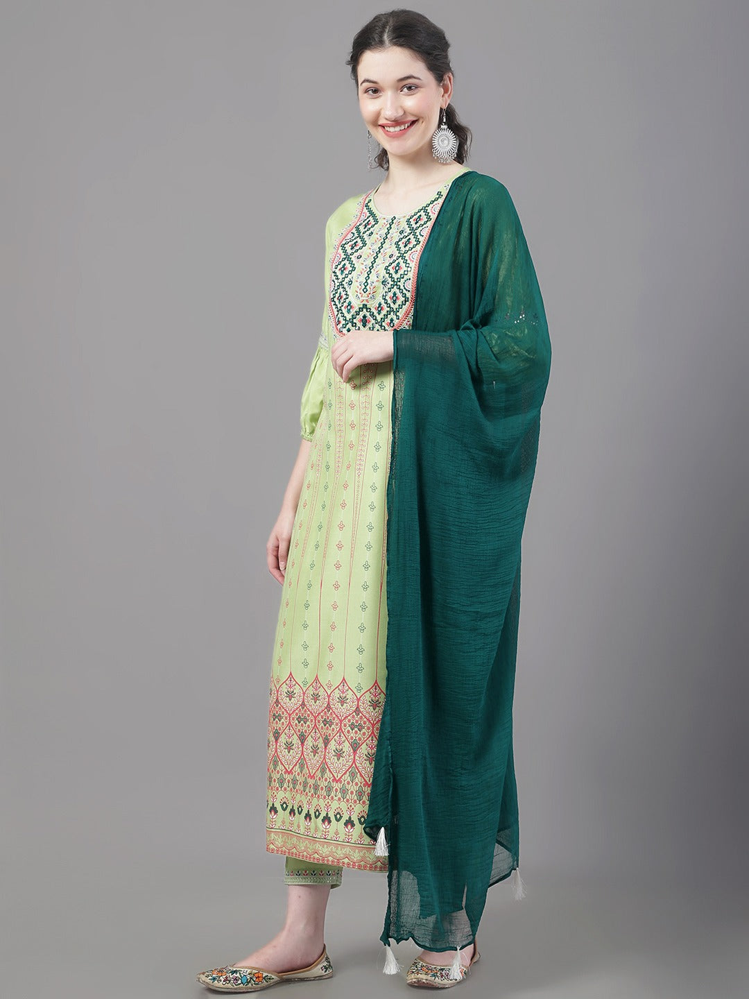 Women's Floral Printed Embroidered Straight Kurta With Trousers & Dupatta - Noz2Toz