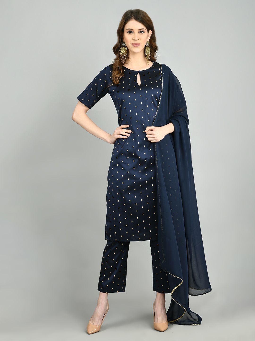 Women's Navy Blue Polyester Printed Half Sleeve Round Neck Casual Kurta Pant Dupatta Set - Myshka