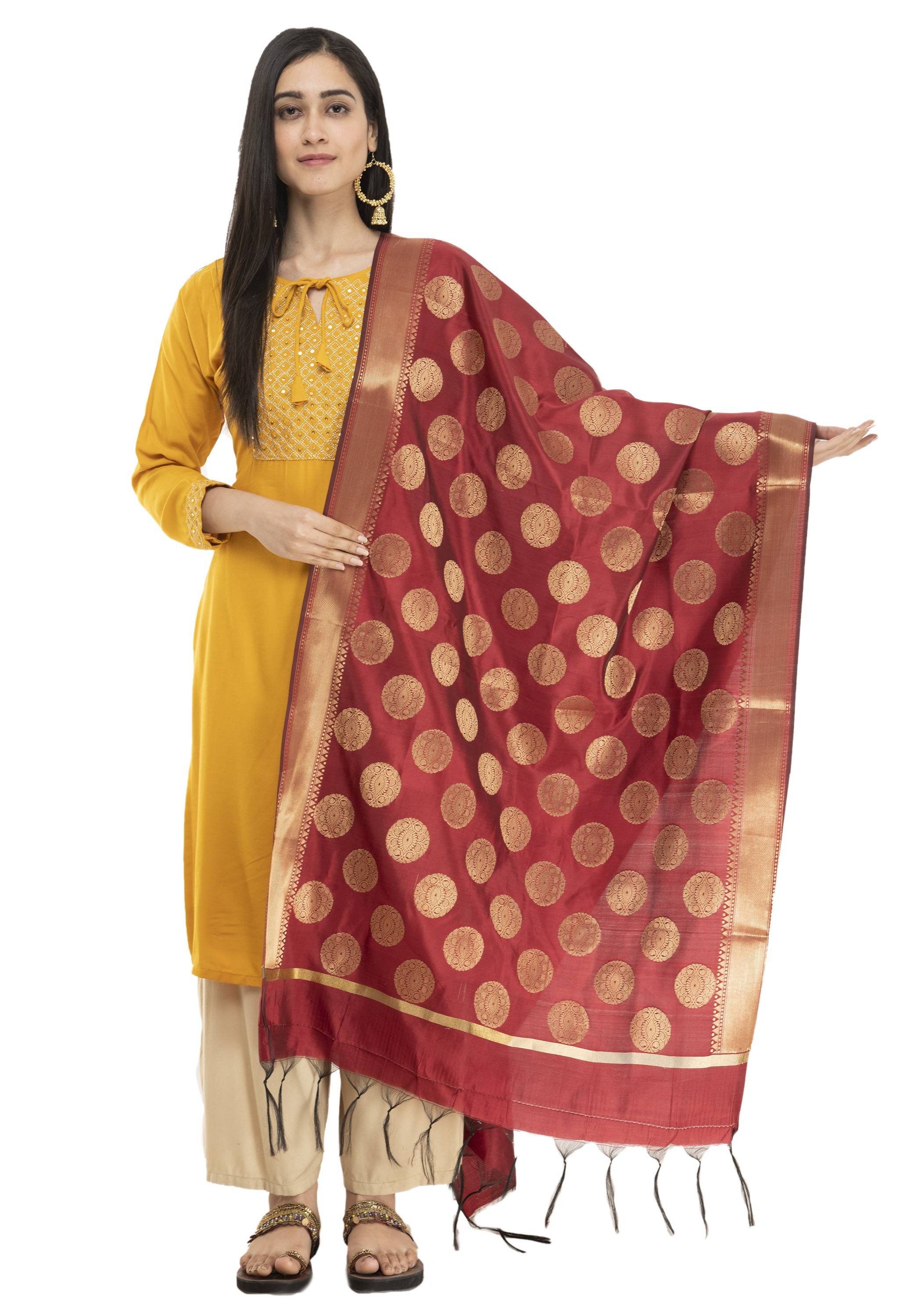A R Silk Women's Tapeta Silk Zari Work Maroon Banarsi Silk Dupatta ARS0409