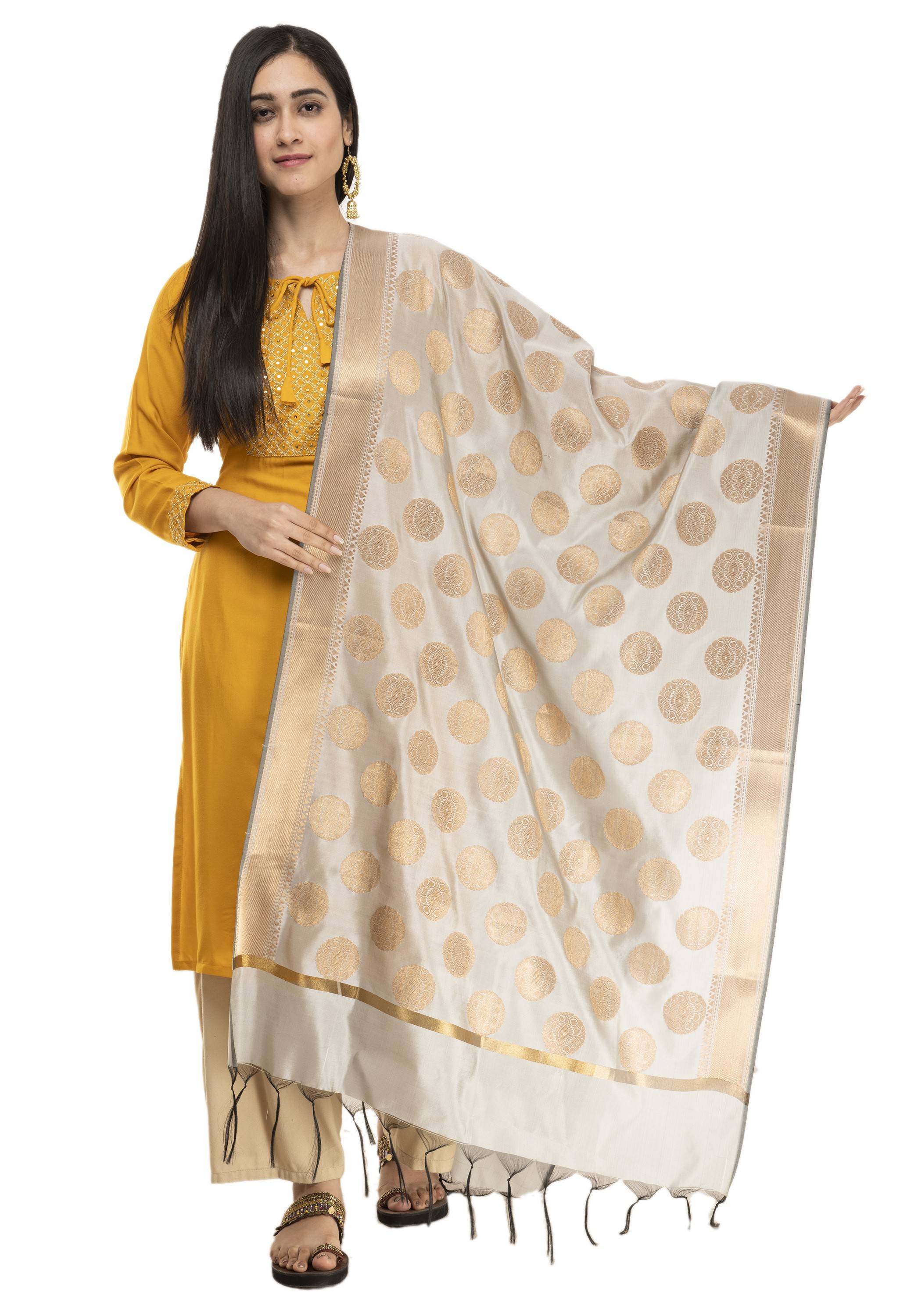 A R Silk Women's Tapeta Silk Zari Work Silver Grey Banarsi Silk Dupatta ARS0403