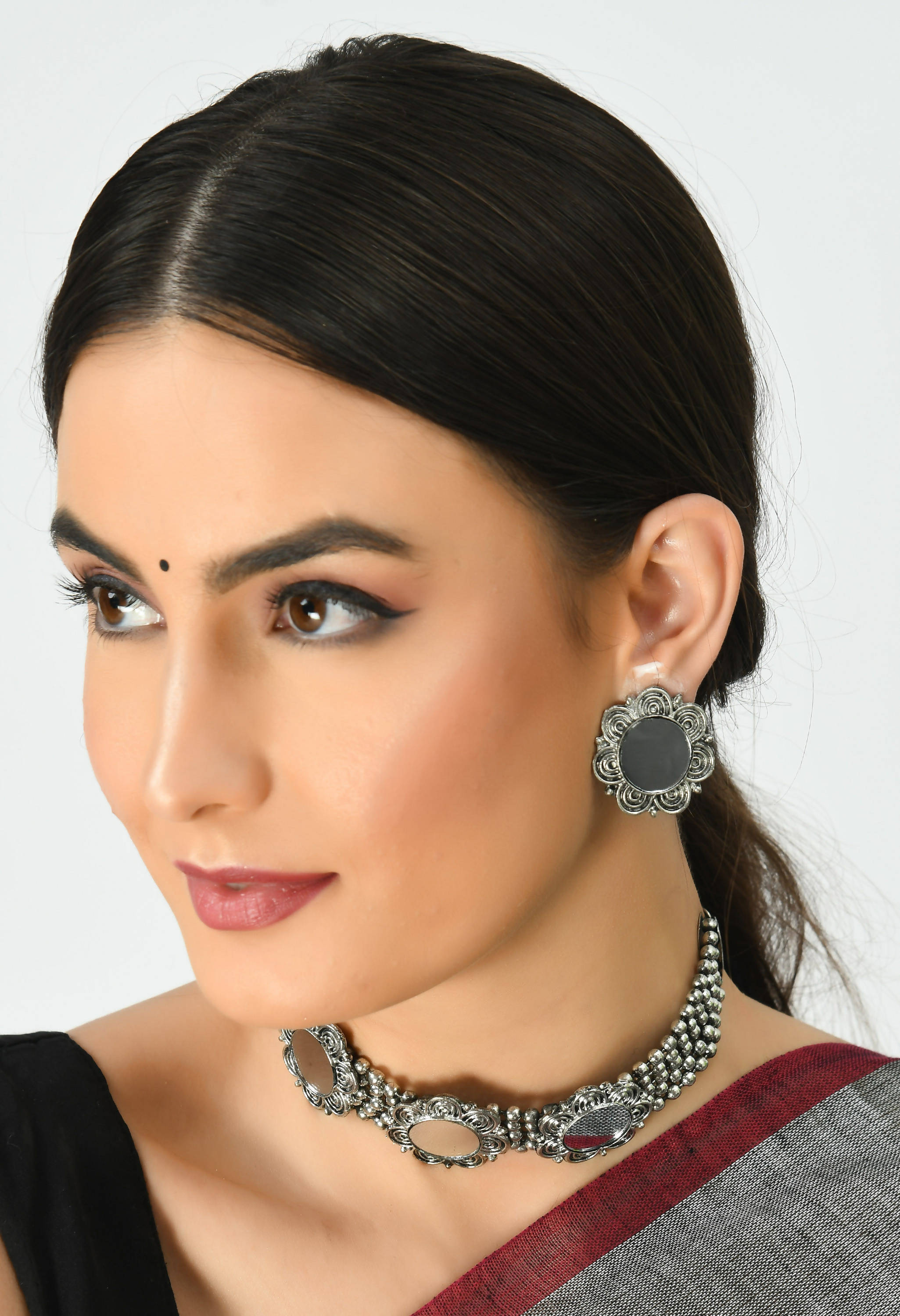 Kamal Johar Silver-Plated Floral Mirror design Neckalace with Earrings Jkms_014