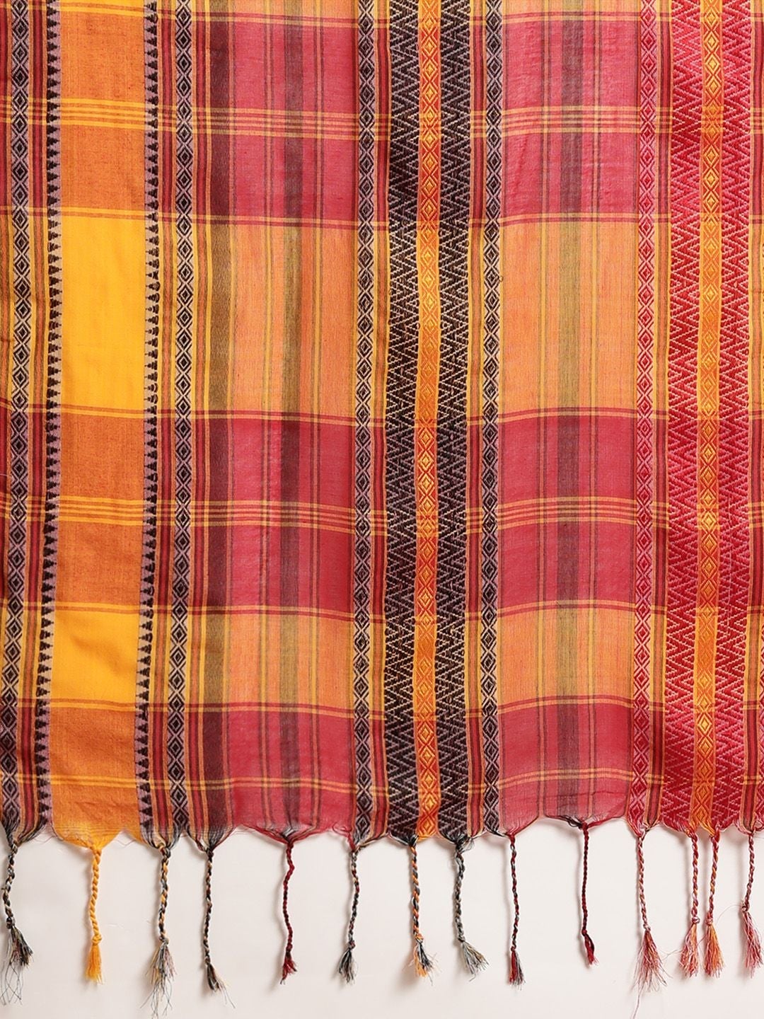 Women's Handloom Red & Yellow Pure Cotton Woven Design Khadi Saree - Olive Mist