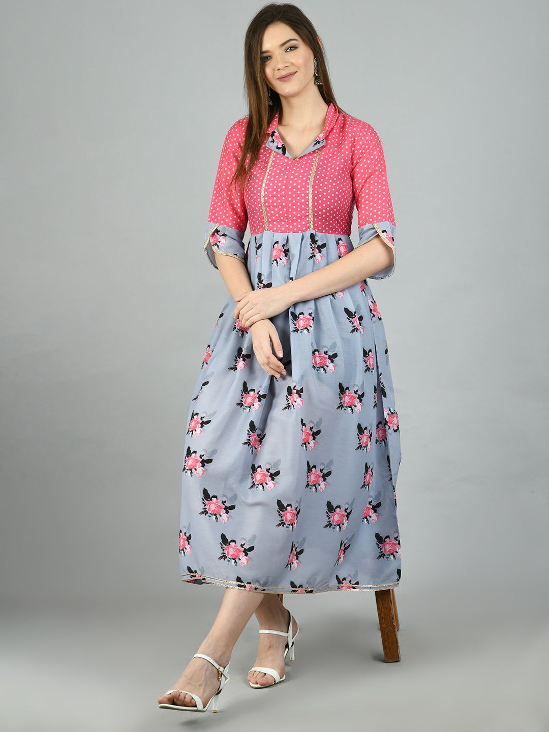 Women's Multi Polyester Printed 3/4 Sleeve Shirt Coller Casual Dress - Myshka