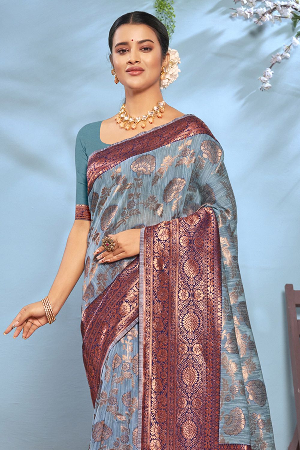 Women's Sky Blue Cotton Woven Zari Work Traditional Tassle Saree - Sangam Prints