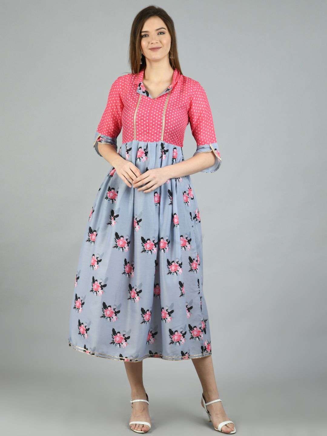 Women's Multi Polyester Printed 3/4 Sleeve Shirt Coller Casual Dress - Myshka