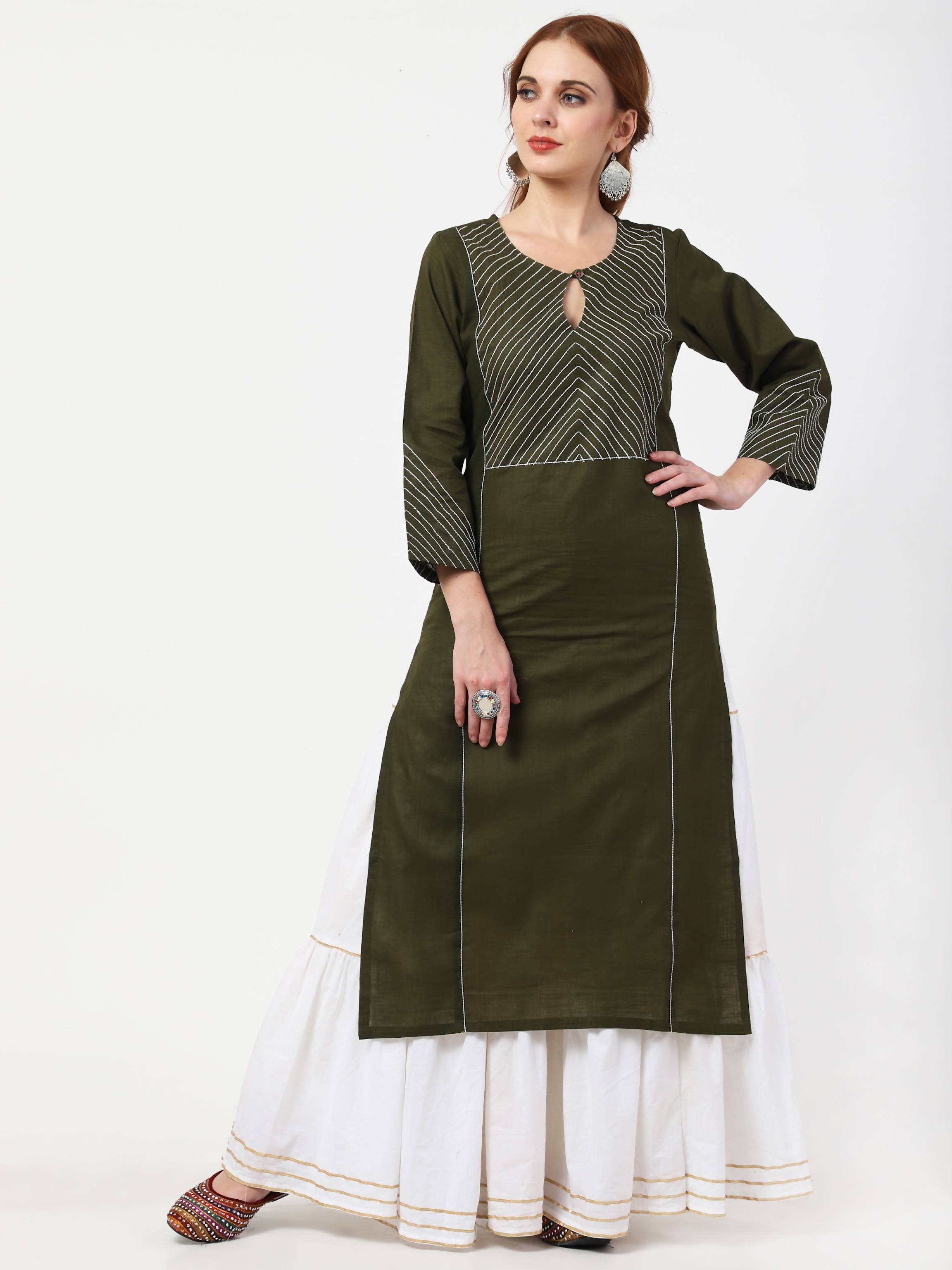 Women's Olive Green & White Viscose Rayon Kurta With Skirt & Embroidered Dupatta Set - Cheera
