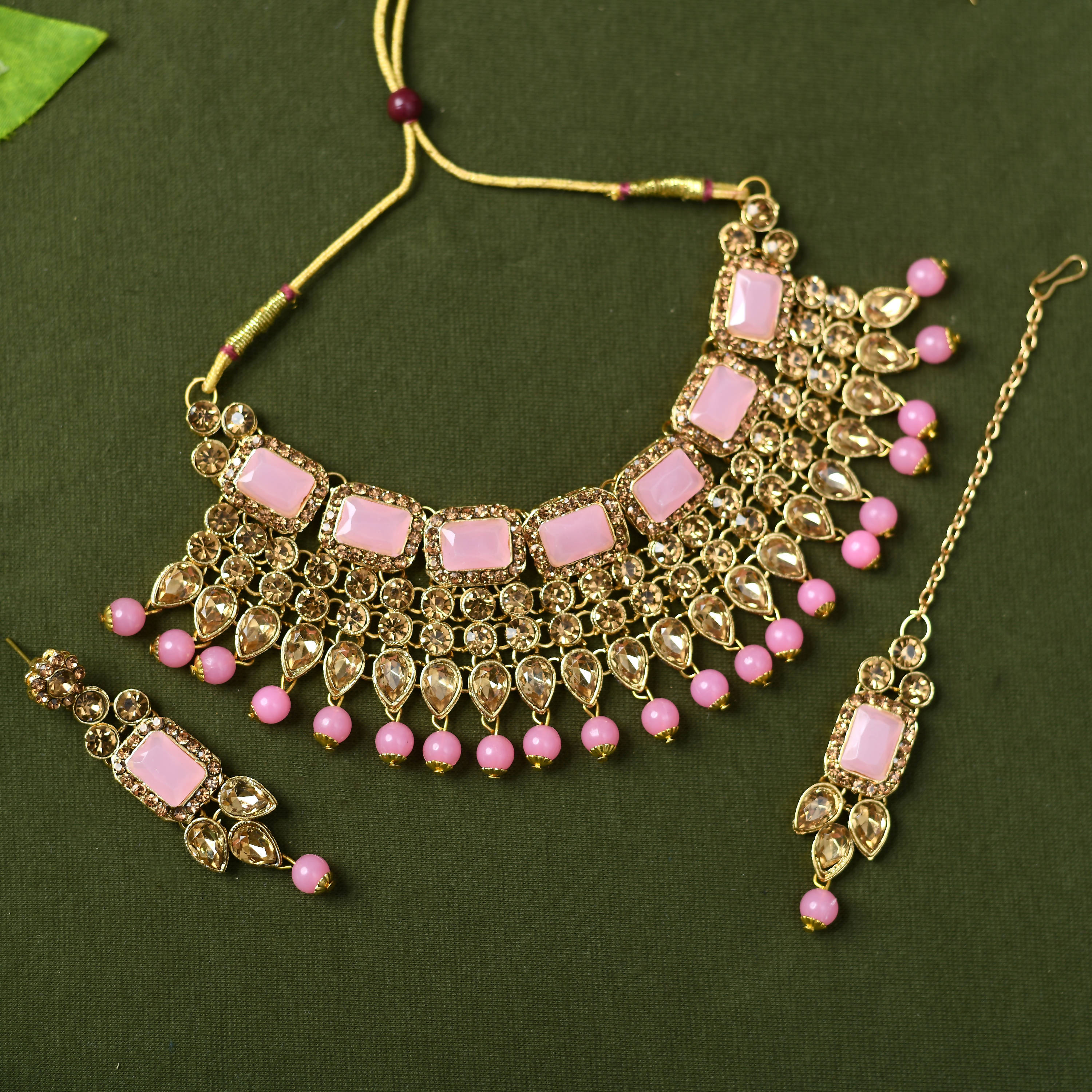 Kamal Johar Gold-Plated Stone & Pearls Baby Pink Necklace Set Mangalsutra Jkms_072