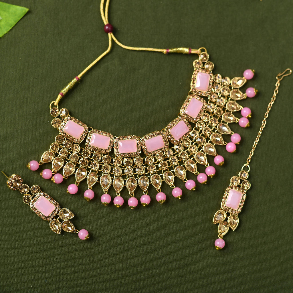 Kamal Johar Gold-Plated Stone & Pearls Baby Pink Necklace Set Mangal