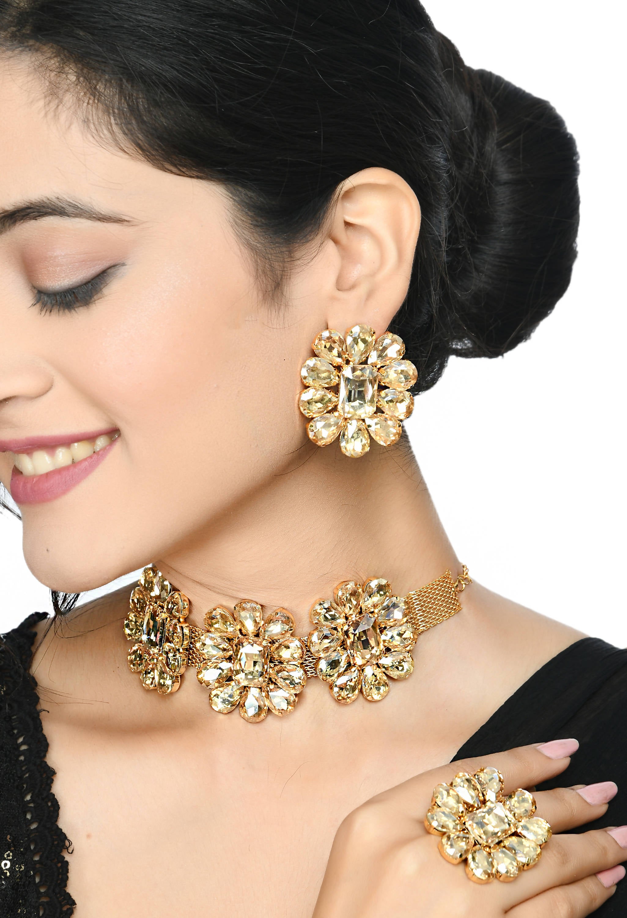 Johar Kamal Golden Plating Designer Choker Set with Earrings, Ring Jkms_172