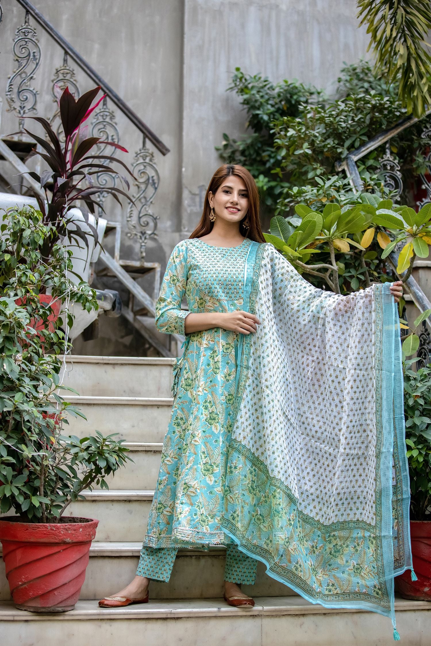 Women's Green Anarkali Suit Set with Pants & Dupatta by KAAJH- (3pcs set)