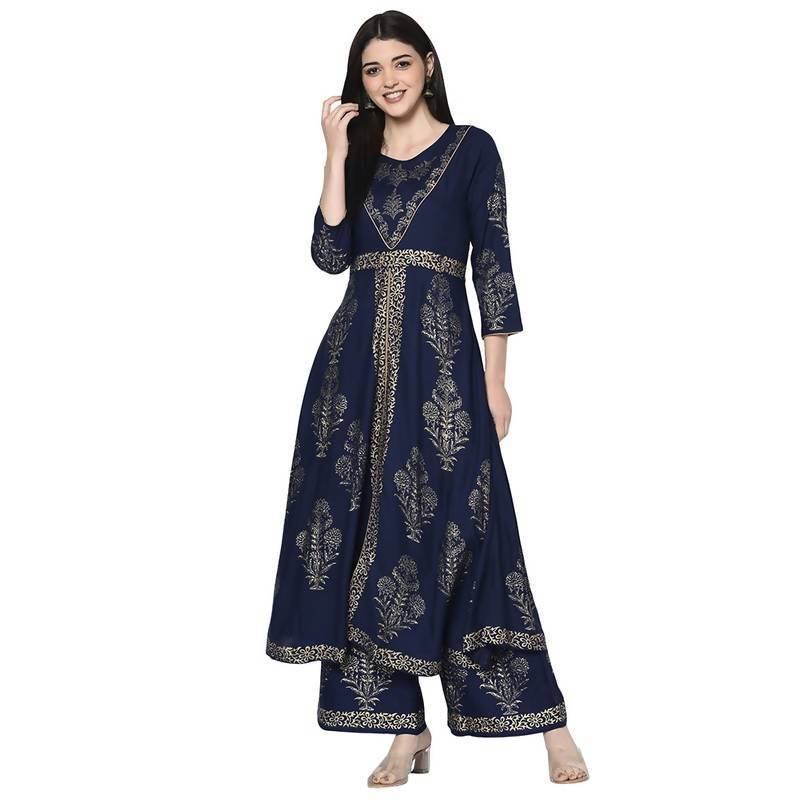 Women's Navy Blue Rayon Foil print Anarkali kurta