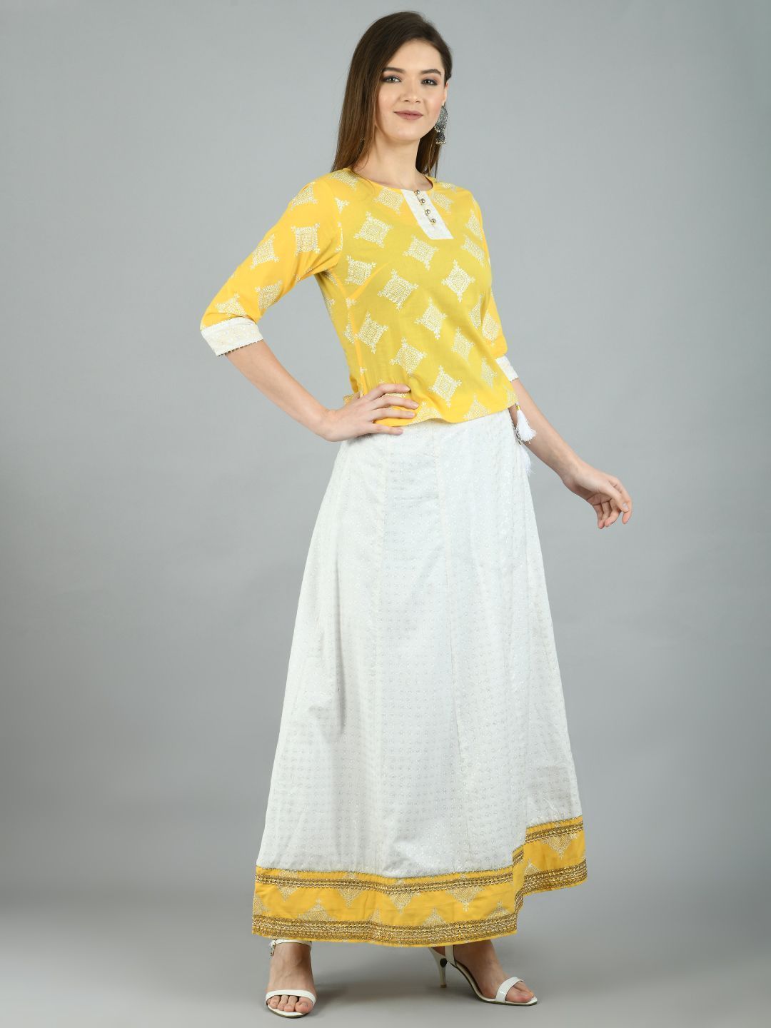Women's Yellow Cotton Printed 3/4 Sleeve Round Neck Casual Lehenga Choli Set - Myshka