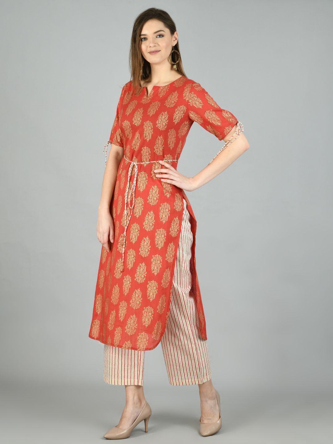 Women's Brown Cotton Printed Half Sleeve Round Neck Casual Kurta Pant Set - Myshka