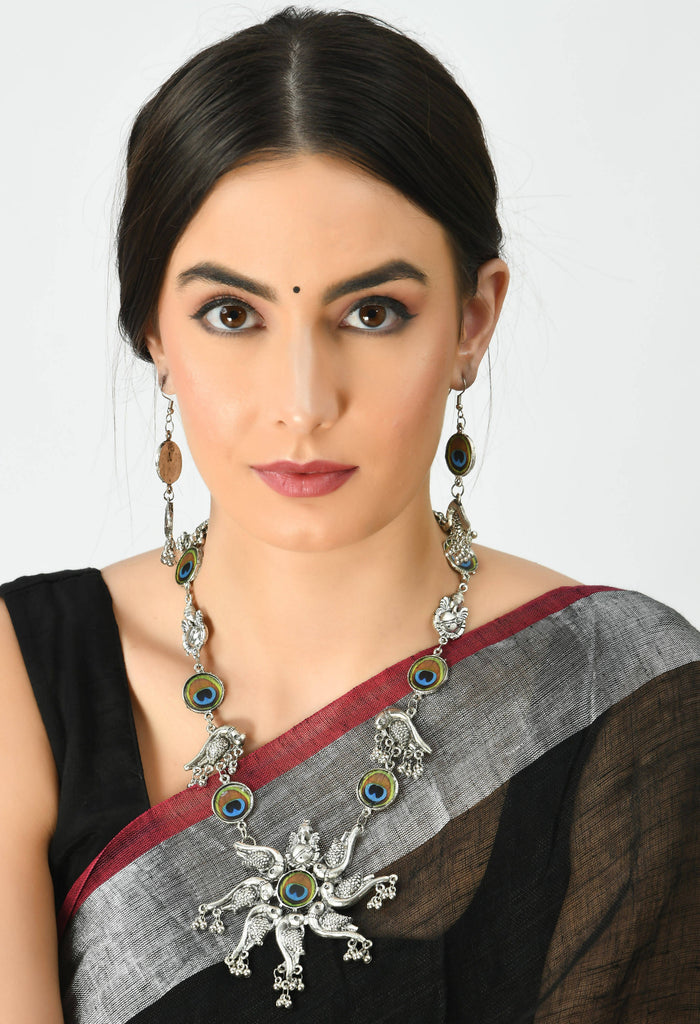 Johar Kamal Oxidised Silver-Plated Peacock design Necklace with Ear