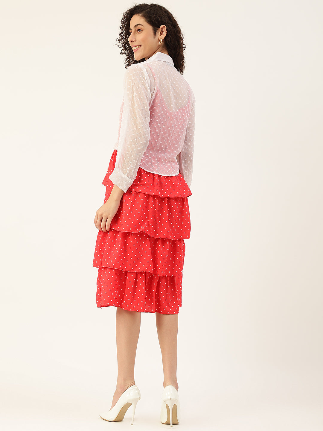 Women's Red Color Chiffon Self Design A-Line Layered Dress - Vaaba