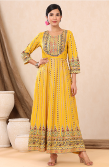 Women's Mustard Rayon Printed Anarkali Dress - Juniper