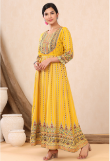 Women's Mustard Rayon Printed Anarkali Dress - Juniper