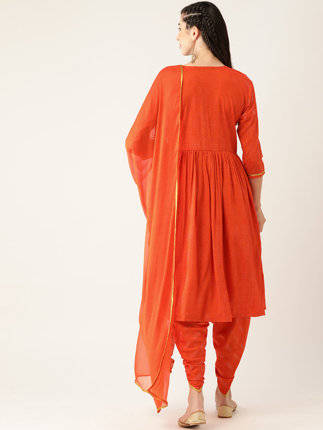 Women's Orange Color Rayon Blend Printed Kurta Dhoti With Dupatta - VAABA