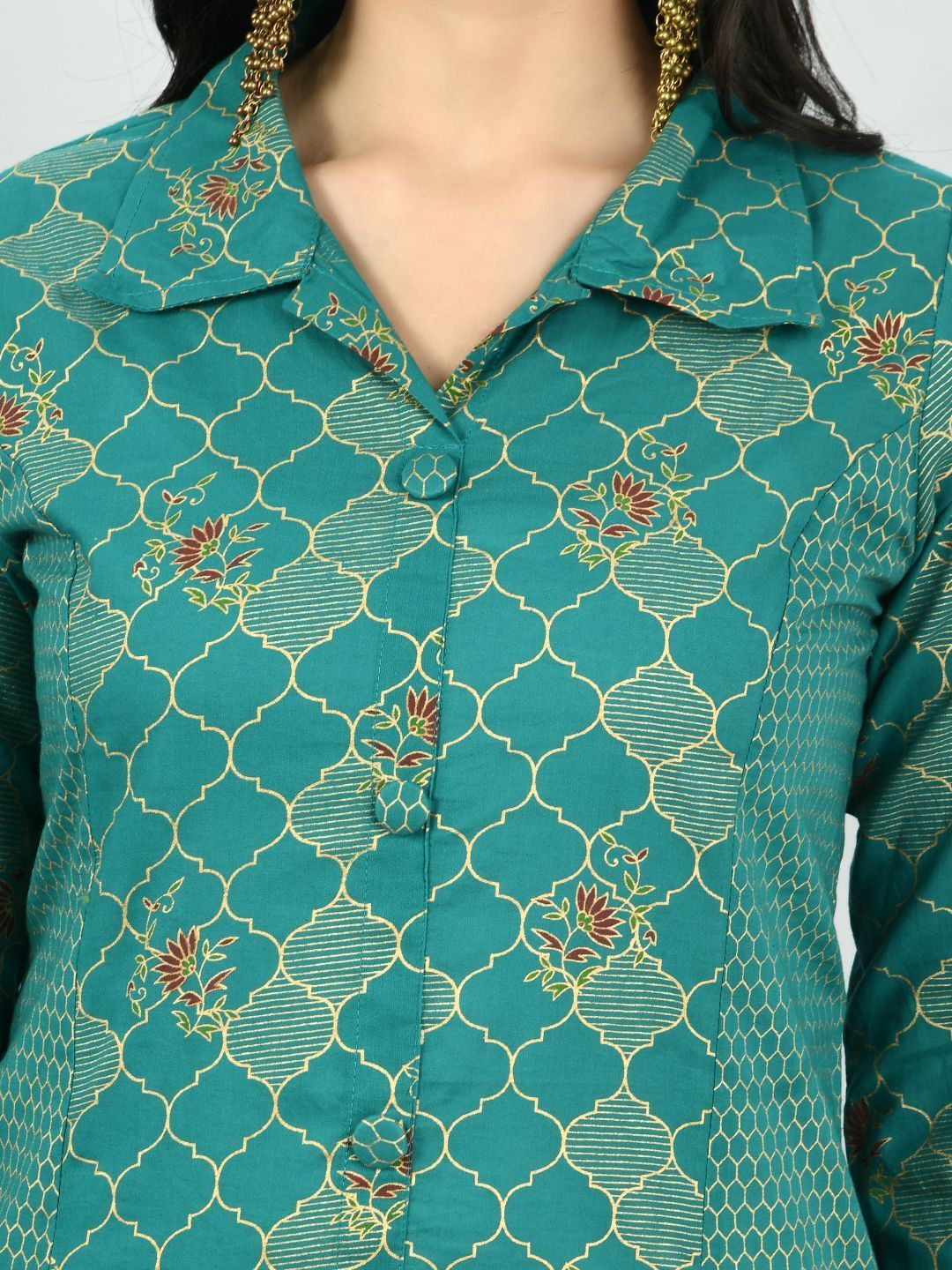 Women's Green Cotton Printed 3/4 Sleeve Shirt Coller Casual Kurta Pant Set - Myshka