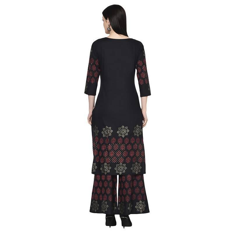 Women's Black Rayon Block print straight kurta Palazzo set