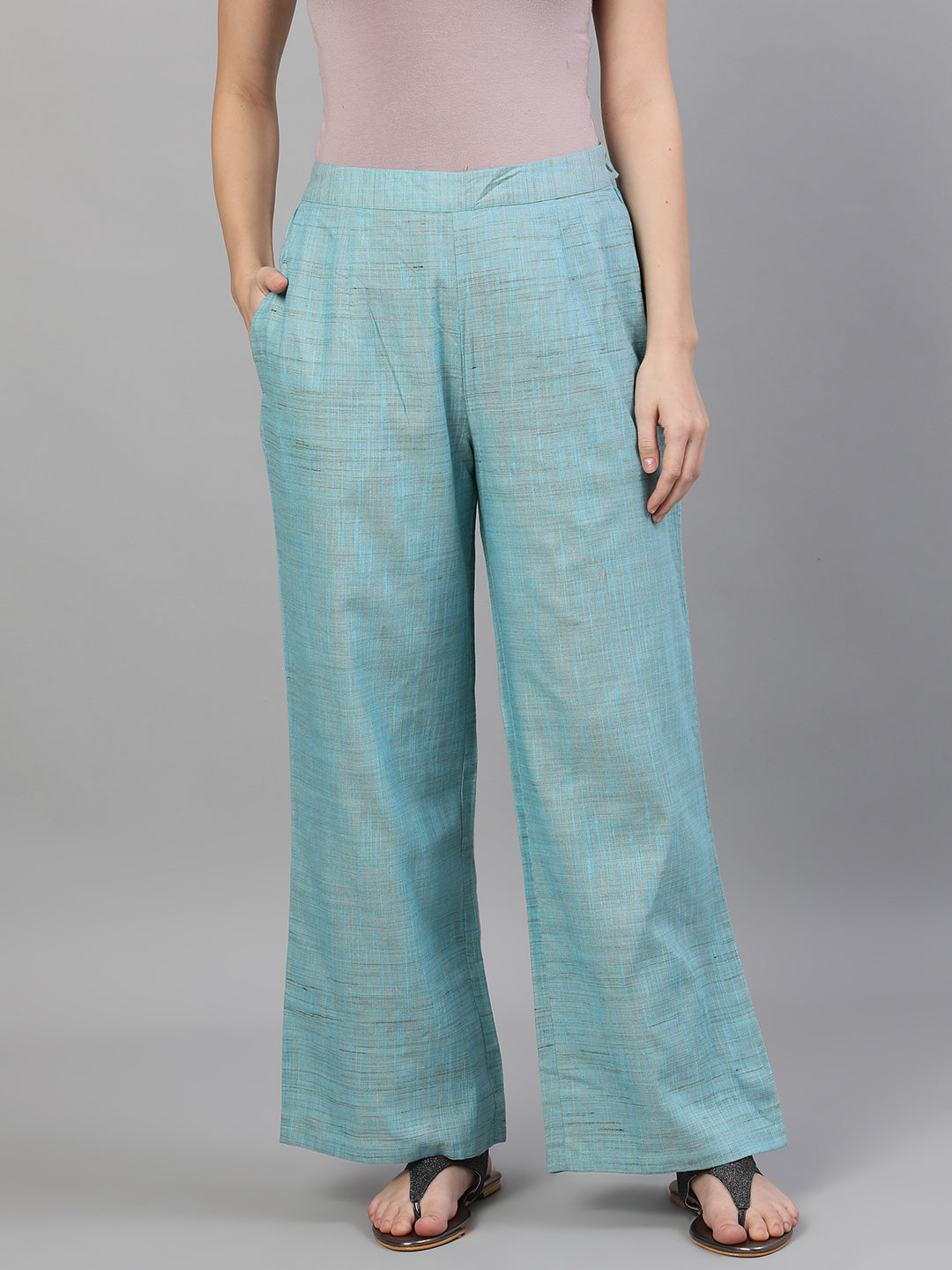 Women's Blue Textured Relaxed Fit Palazzo - Aks