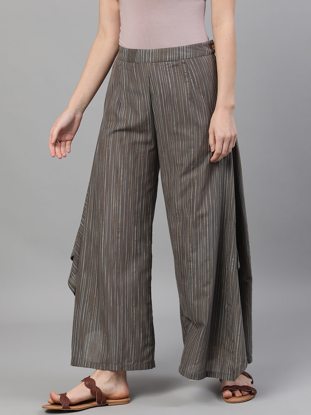Women's Grey Relaxed Fit Palazzos With Striped Detail - Aks