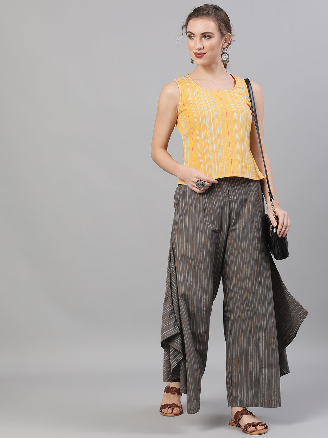 Women's Grey Relaxed Fit Palazzos With Striped Detail - Aks