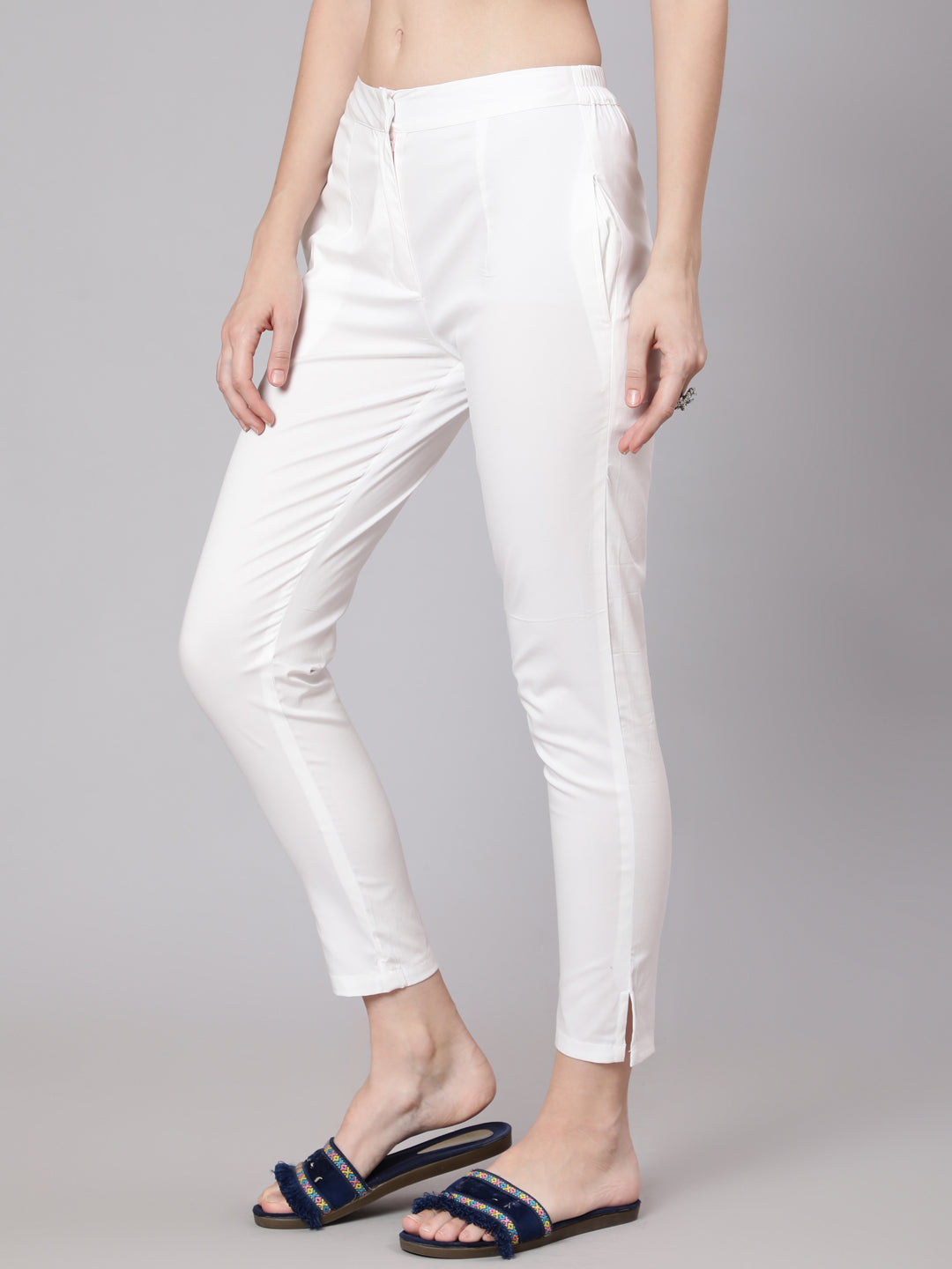 Women's White Slim Fit Pant - Aks