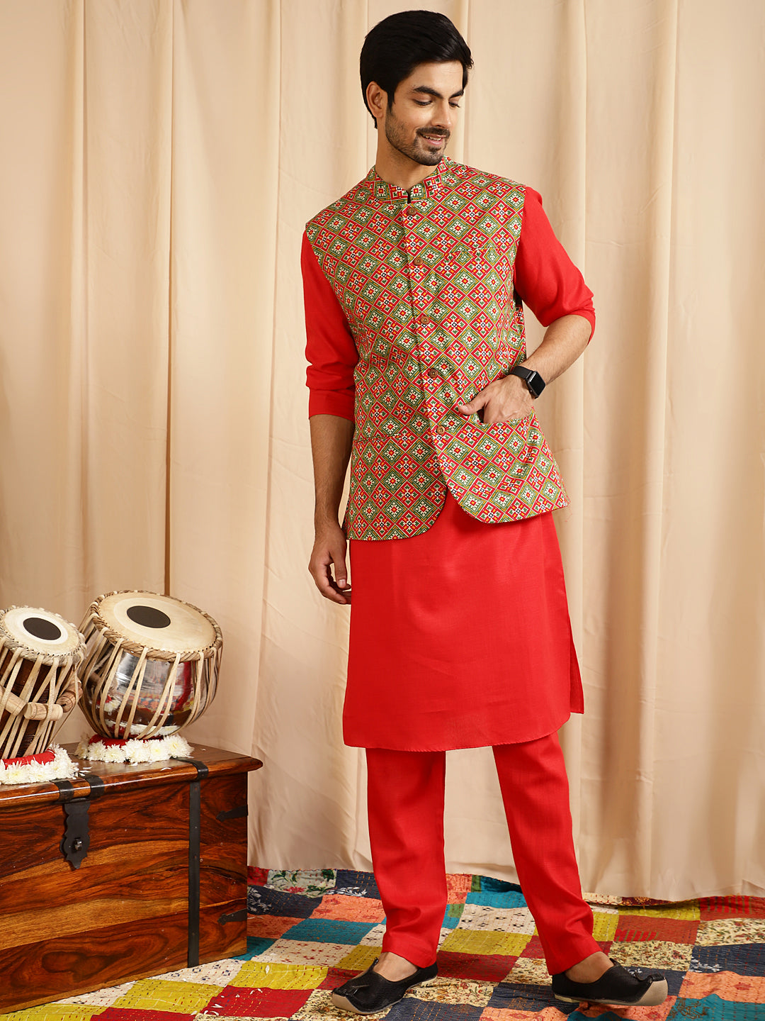 Men's Red Kurta Pyjama With Nehru Jacket - Aks Men