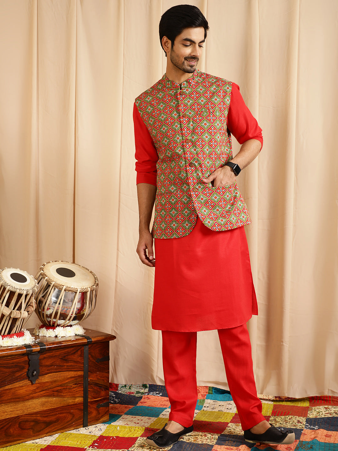 Modi Jacket Sweater Kurta Modi Jacket On Red Kurta Men's Red Kurta