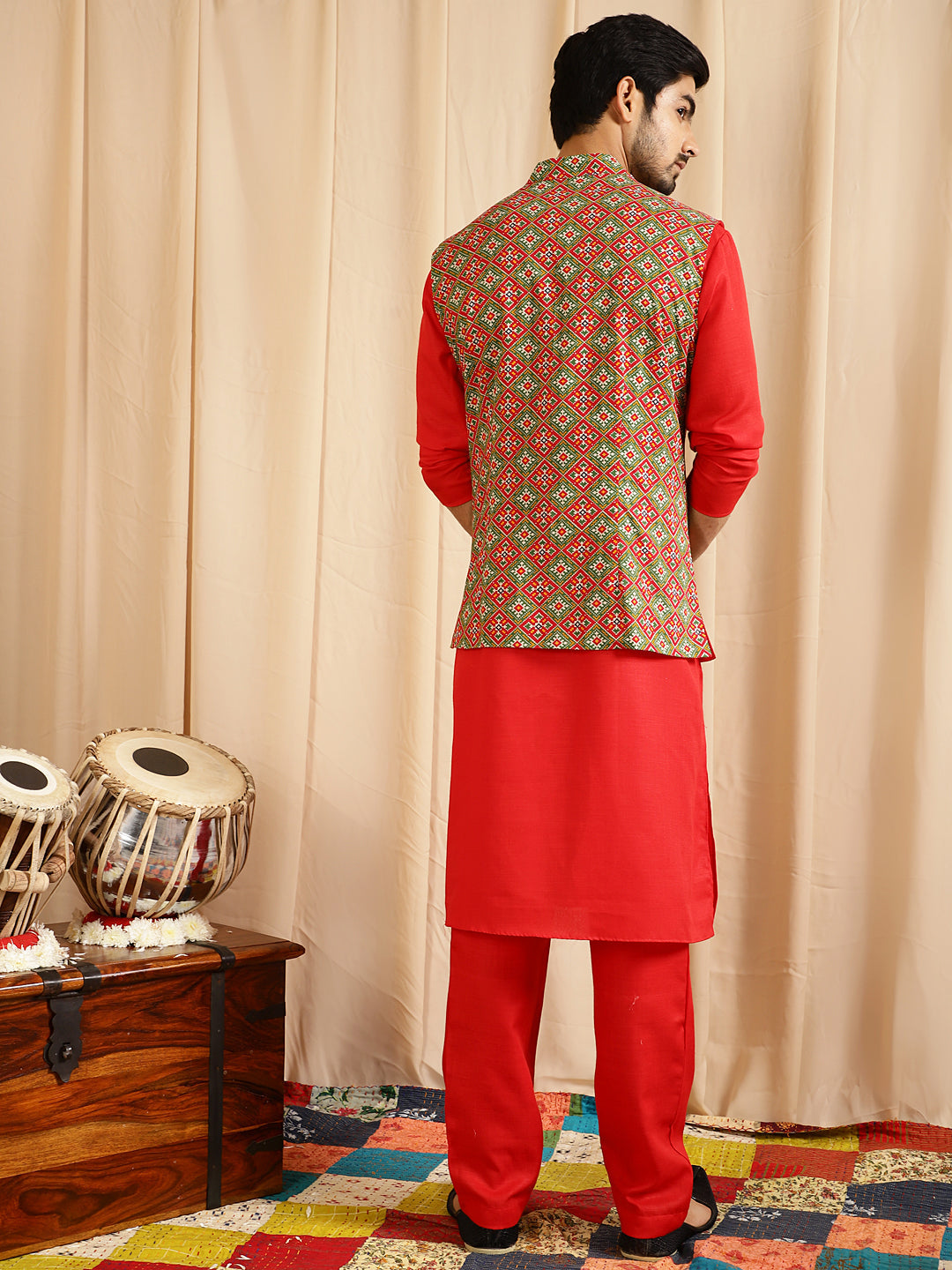 Men's Red Kurta Pyjama With Nehru Jacket - Aks Men