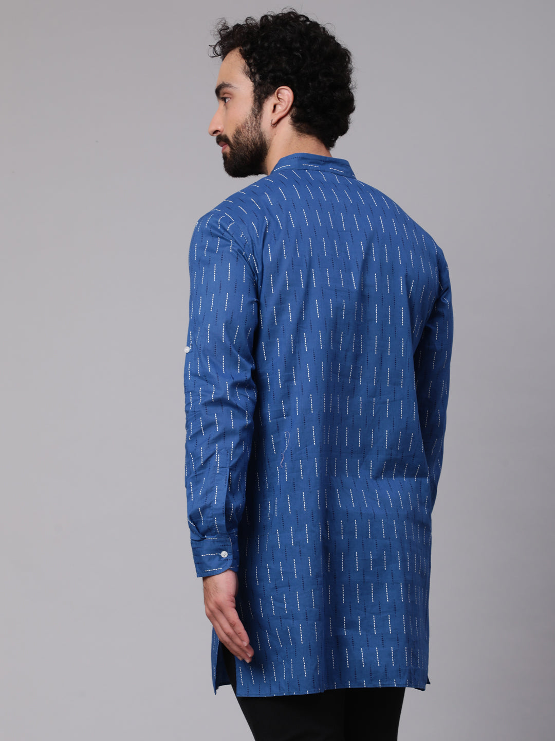 Men's Blue Printed Straight Kurta With Roll-Up Sleeve - Aks Men