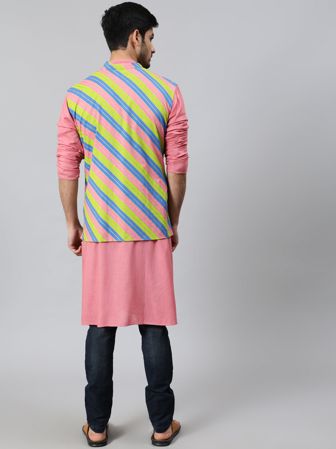 Men's Pink Long Kurta with Striped Jacket - Aks Men