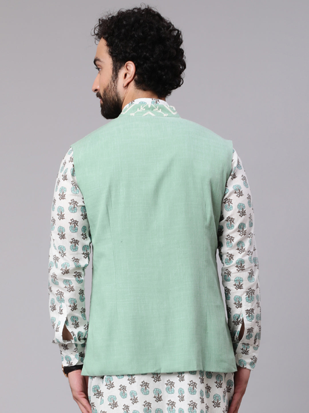 Men's Pastel Green Embroidered Nehru Jacket - Aks Men