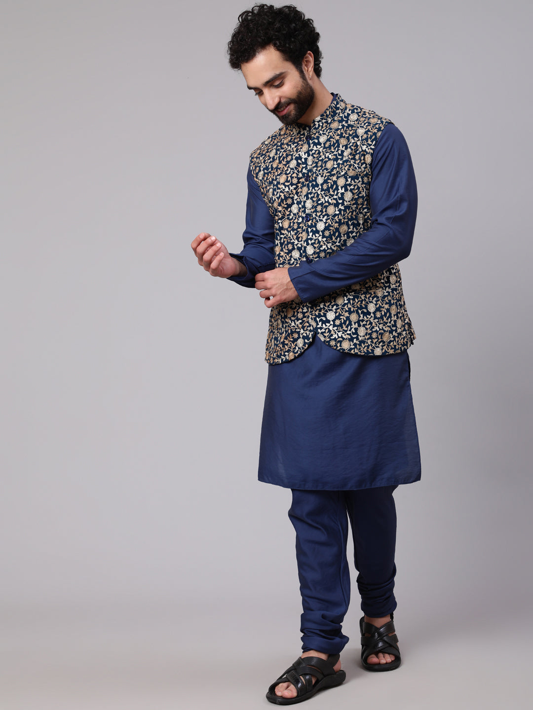 Men's Blue Kurta Churidar With Embroidered Nehru Jacket - Aks Men