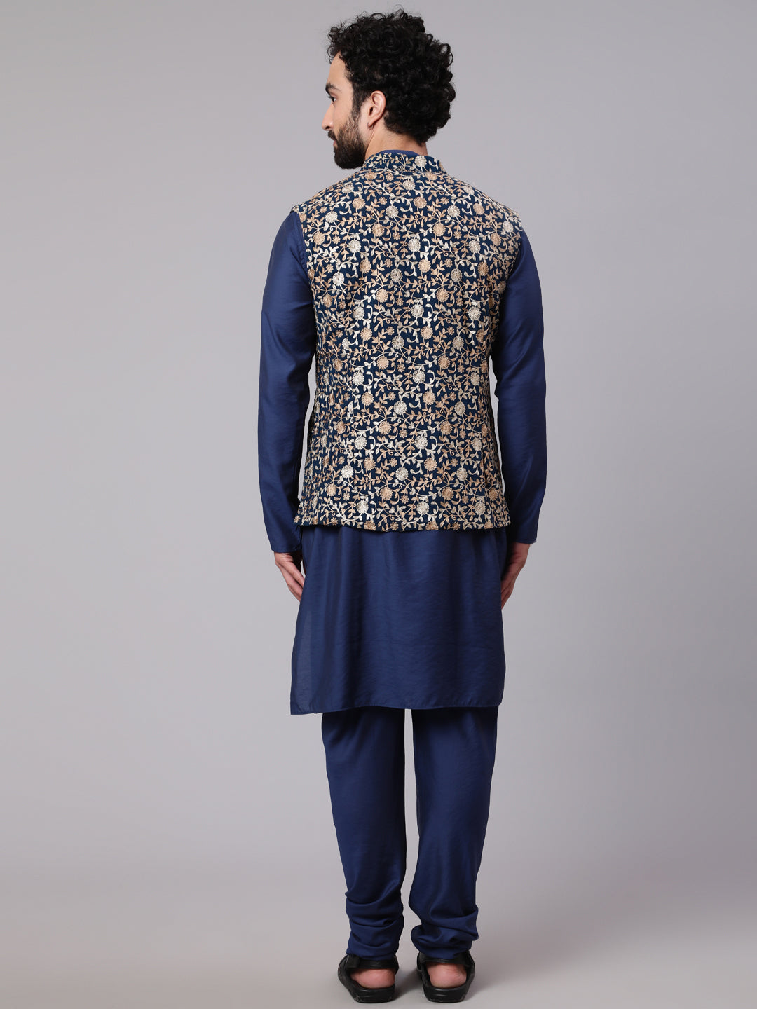 Men's Blue Kurta Churidar With Embroidered Nehru Jacket - Aks Men