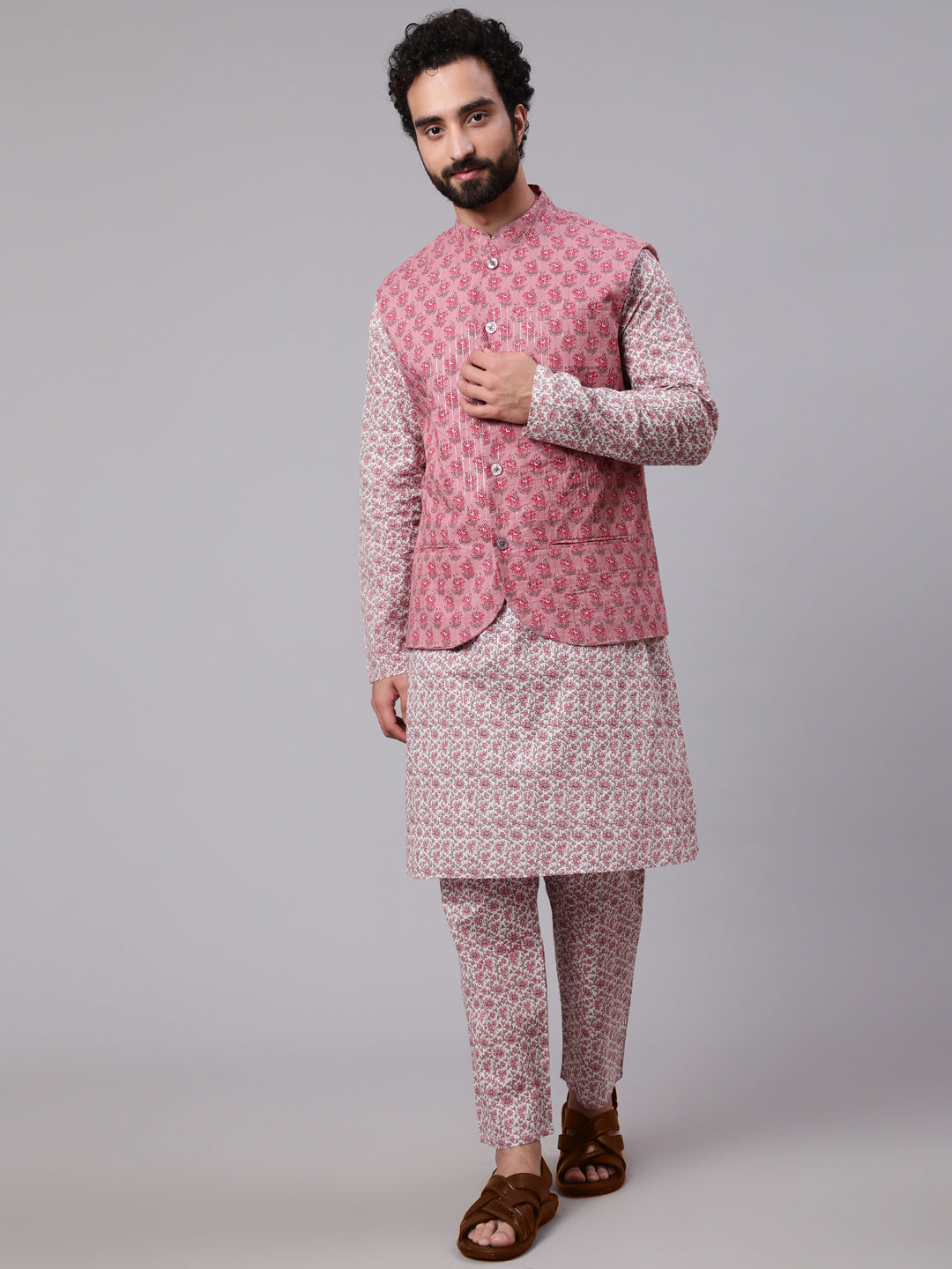 Men's Mauve White Floral Print Kurta Pyjama With Nehru Jacket - Aks Men