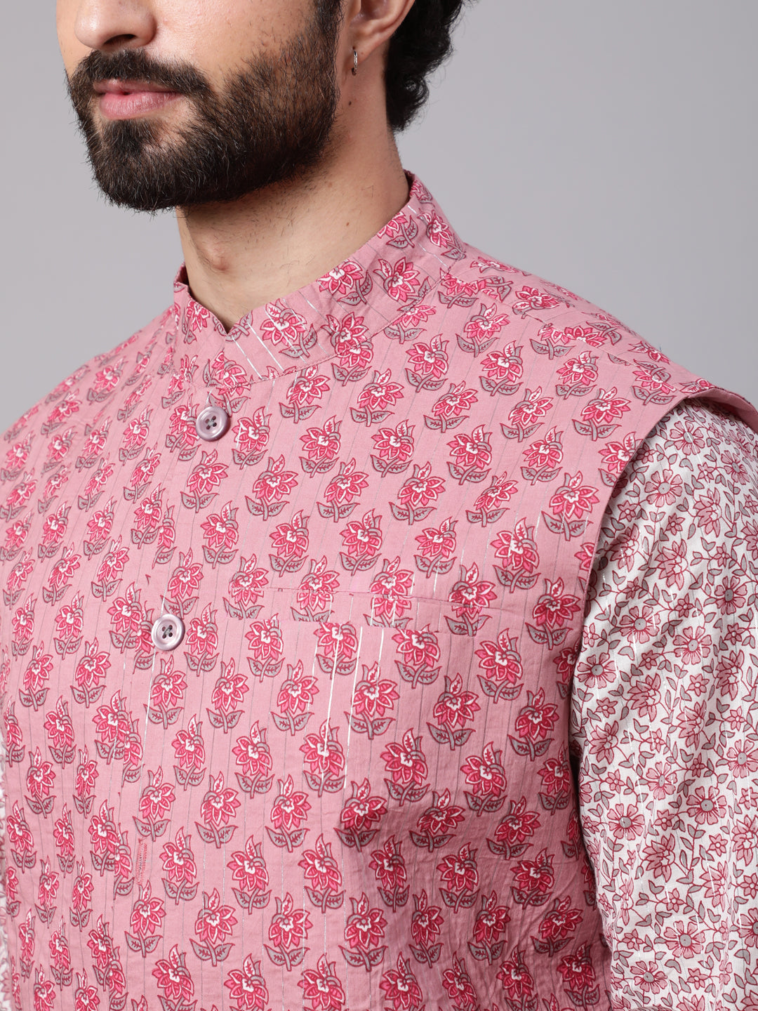 Men's Mauve White Floral Print Kurta Pyjama With Nehru Jacket - Aks Men