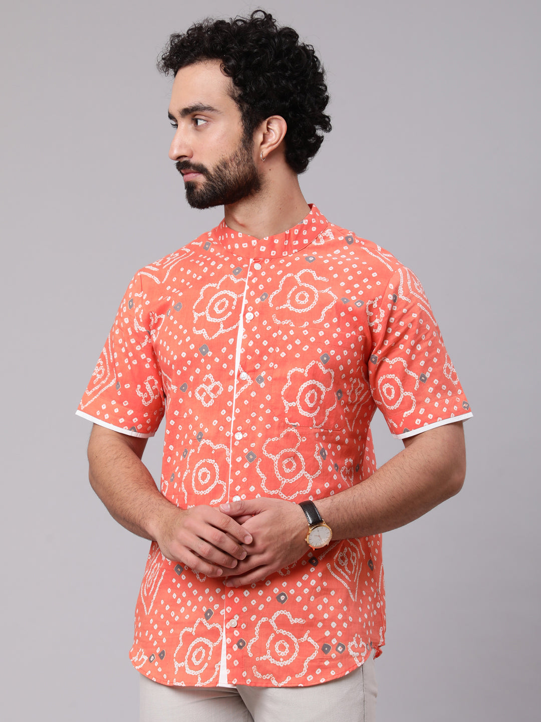 Men's Peach Bandhani Print Shirt - Aks Men