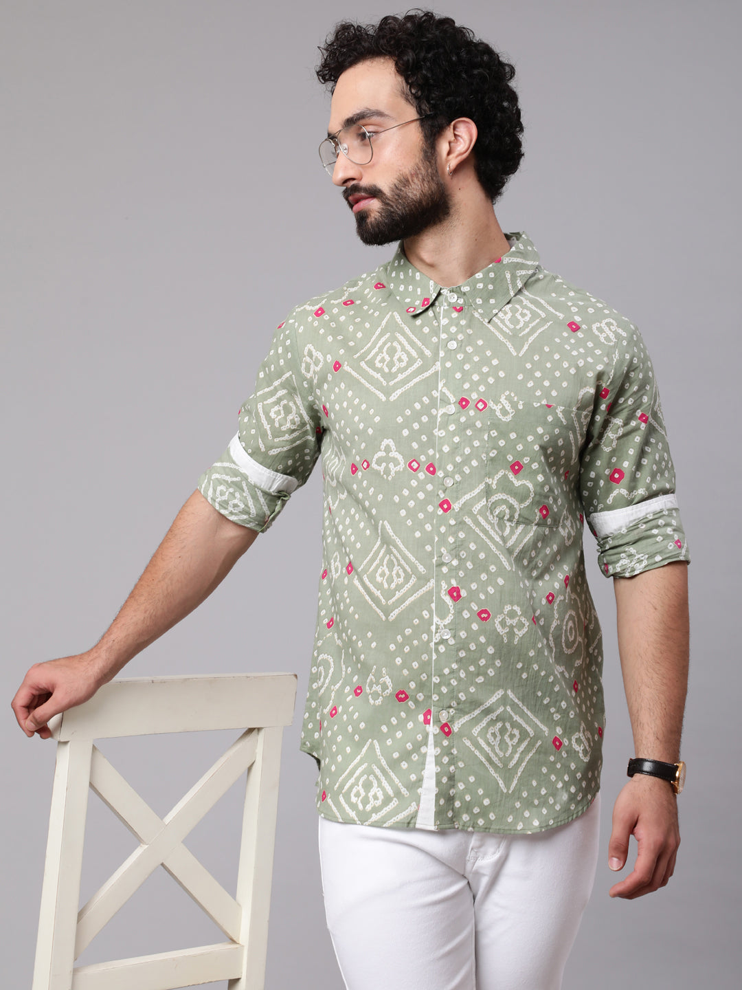 Men's Pastel Green Bandhani Print Shirt - Aks Men