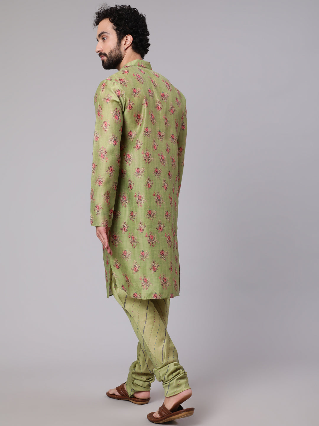 Men's Green Floral Print Kurta With Churidar - Aks Men