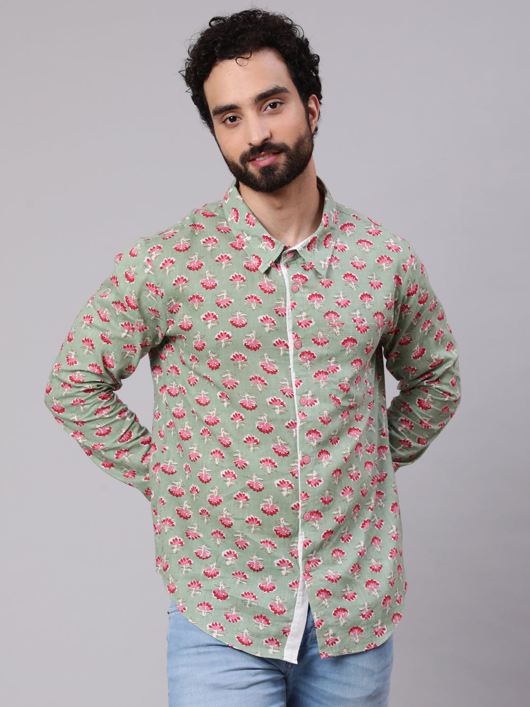 Men's Pastel Green Floral Print Shirt - Aks Men
