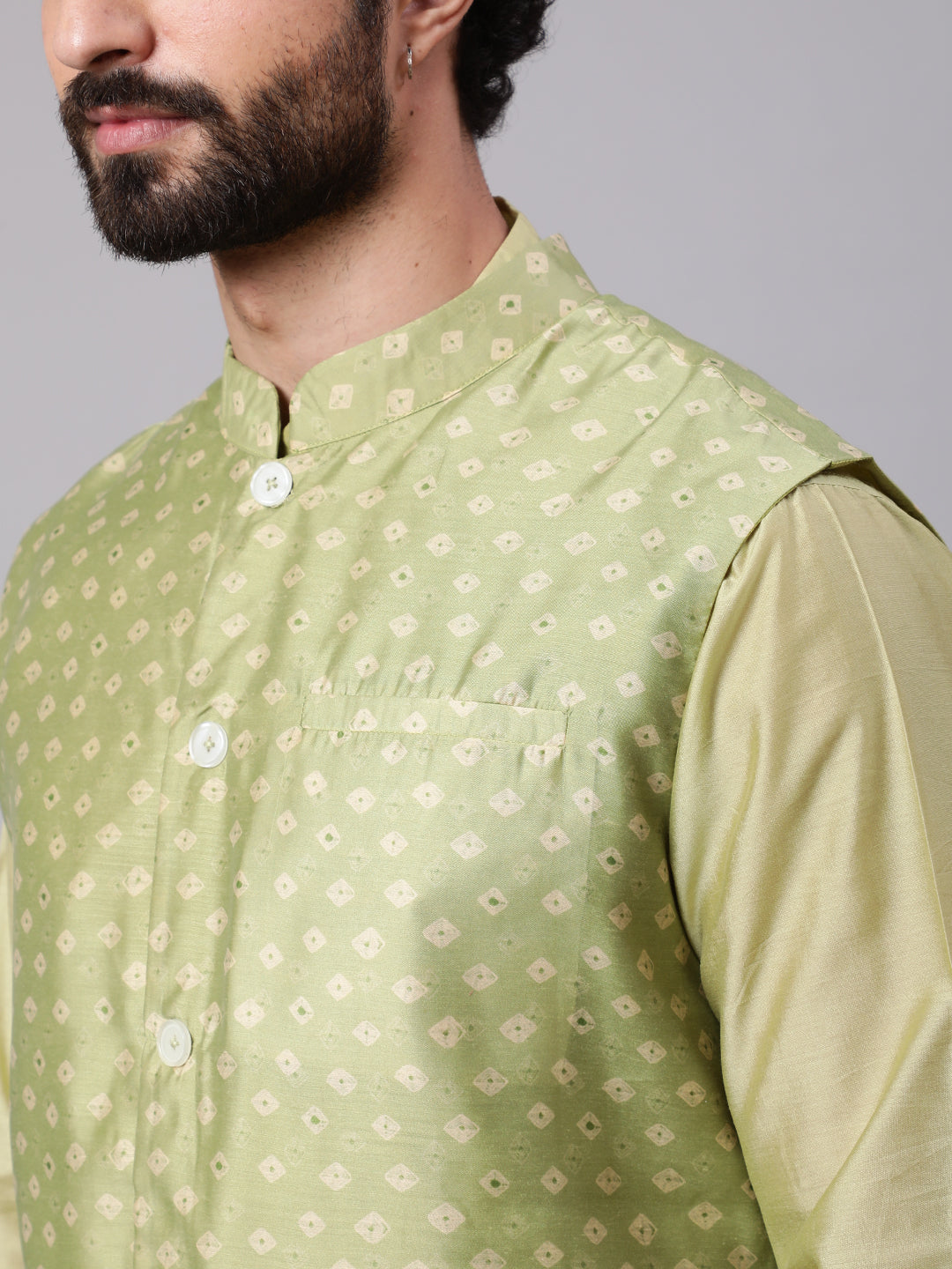 Men's Green Kurta Pyjama With Bandhani Print Nehru Jacket - Aks Men